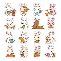 Obraz premium Cute cartoon bunnies watering plants and vegetables in a colorful spring garden illustration set