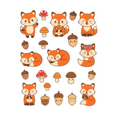 Obraz premium Cute kawaii fox sticker set vector illustration with playful forest animals and nature icons