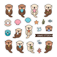 Fototapeta premium Cute sea otters holding pearls and shells in playful underwater sticker vector illustration set