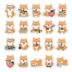 Fototapeta premium Cute Shiba Inu dog cartoon sticker set with playful expressions and activities in flat vector design