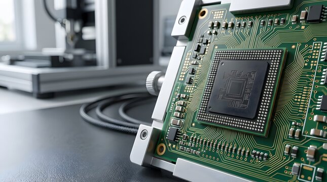 high density ball grid array microchip mounted on multilayer printed circuit board for advanced semiconductor electronics, embedded computing and precision hardware development