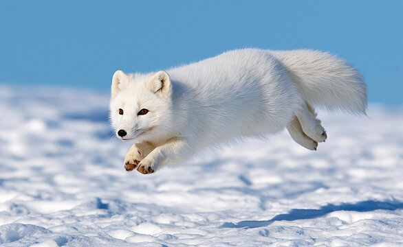 Arctic fox jumping through fresh snow, wildlife