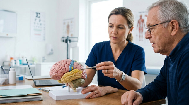 Doctor explains brain health to senior patient using anatomical model in clinic