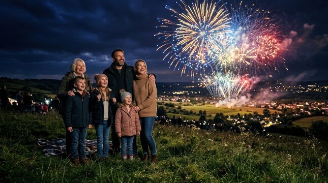 Family watches spectacular fireworks display over a town at night.