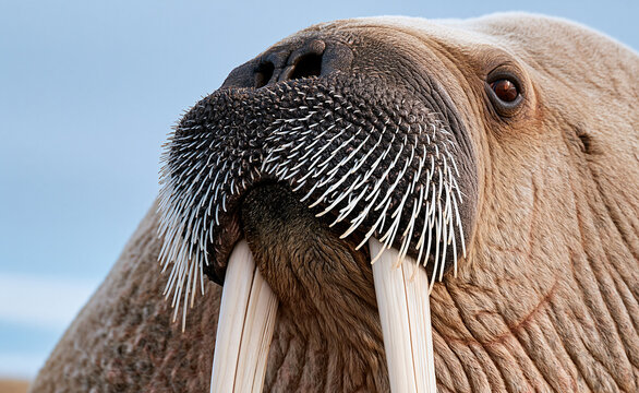 Close-up of walrus face with large ivory tusks, wildlife
