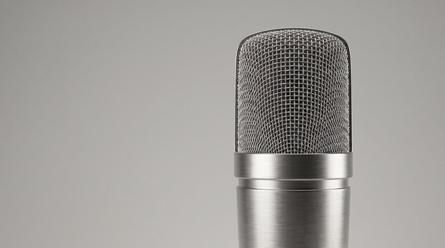 Professional metallic condenser microphone standing in audio recording studio for podcast broadcasting or vocal voiceover production