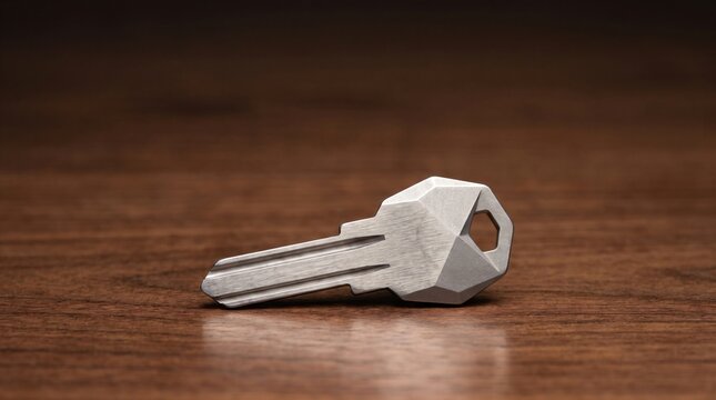 Modern geometric low poly metal key resting on dark polished wooden surface representing property access security solution
