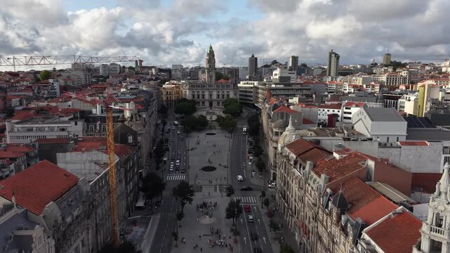 Aerial View of Avenida dos Aliados and Historic Center of Porto Portugal