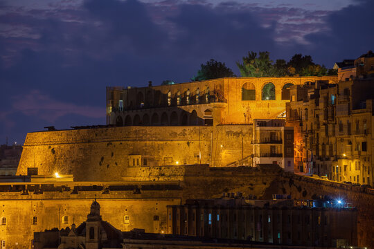 Upper Barrakka Gardens And Fort Lascaris At Night In Malta