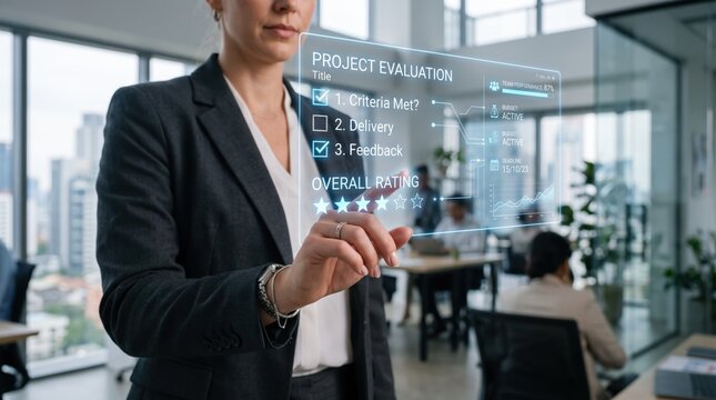 Business professional reviewing project evaluation checklist on transparent holographic interface with criteria met, delivery status, feedback, and overall rating stars