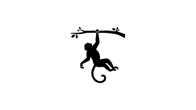 Minimalist monkey silhouette hanging from tree branch, black primate icon on white background, wild animal nature graphic