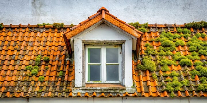 A dormer window with white frame nestled in a moss-covered orange tiled roof