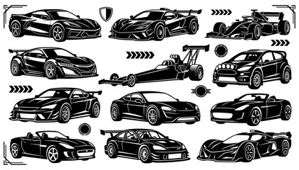 Obraz premium High Performance Racing Sports Cars Vector Icon Set Featuring Supercar Formula One Dragster Rally and Convertible