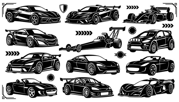 High Performance Racing Sports Cars Vector Icon Set Featuring Supercar Formula One Dragster Rally and Convertible