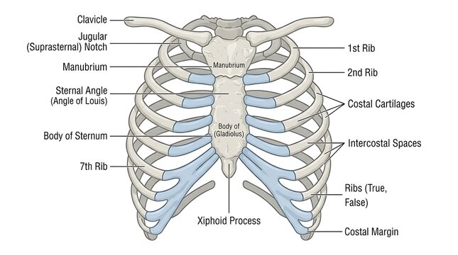Anatomical diagram of human sternum and rib cage with medical labels for education