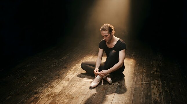 Male ballet dancer sitting on stage tying his pointe shoes in spotlight