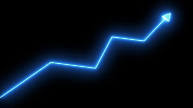 Glowing blue neon financial growth chart arrow rising on black background, graph