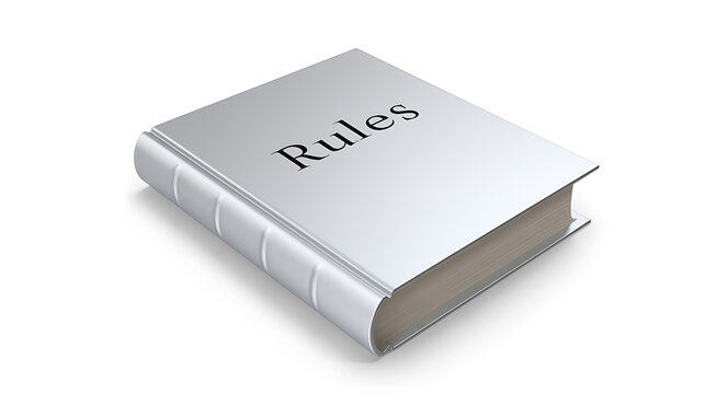 Clean, Minimalist Image of a Thick, Closed Book with "Rules" on the Cover, Symbolizing Order, Structure, and Compliance on White Background