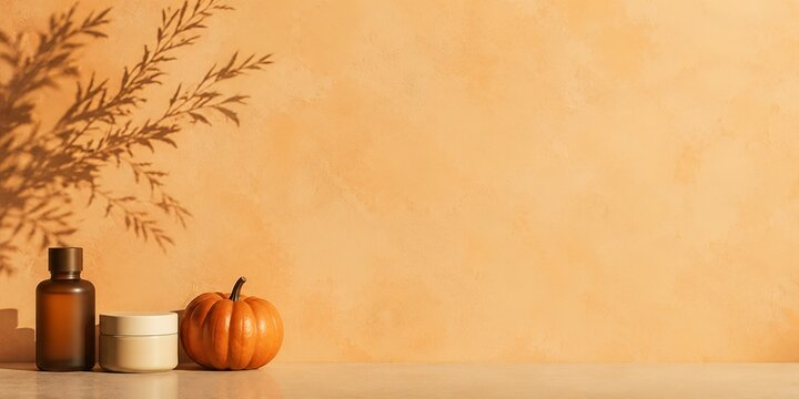Halloween sale banner background with minimalist cosmetics jar and pumpkin for retail seasonal marketing