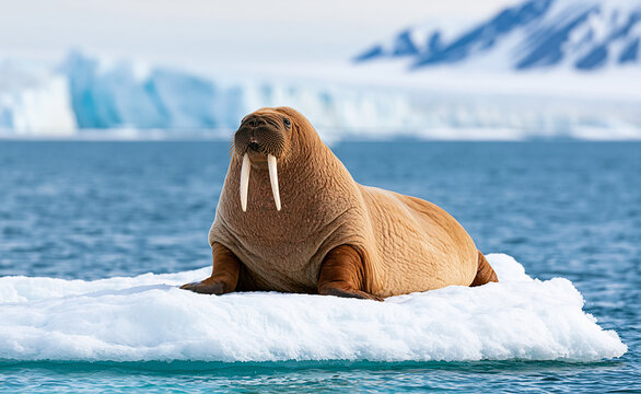 Walrus standing on ice floe with iceberg background, arctic