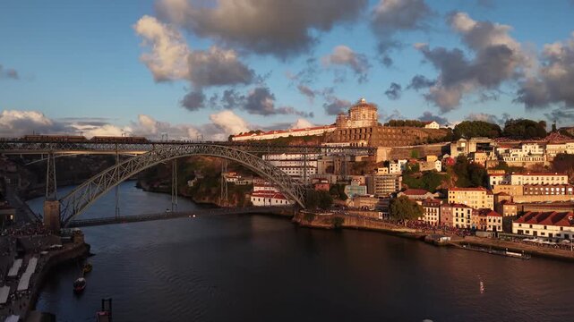 Aerial View of Dom Lu&iacute;s I Bridge and Douro River Porto Portugal