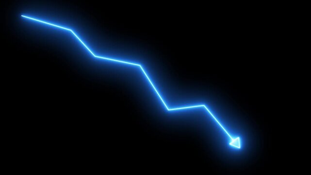 Neon blue financial downtrend arrow chart animation on black background, glowing