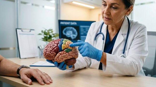 Doctor Explains Brain Anatomy Model to Patient