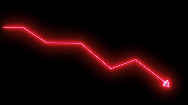 Red neon financial downtrend graph animation on black background, glowing line