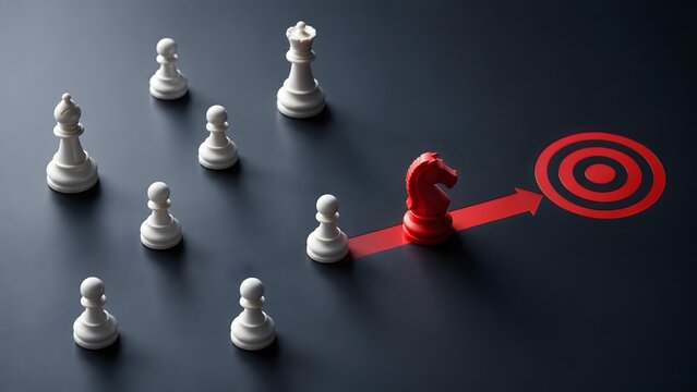 A red chess knight breaking away from traditional pieces, strategically moving along an arrow path towards a clear business target, symbolizing innovation and success.