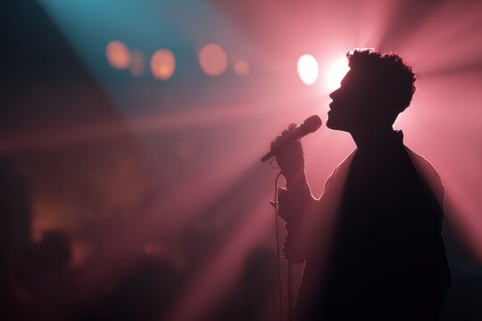 Silhouette of a young person singing into a microphone during a concert with dramatic stage lighting and smoke