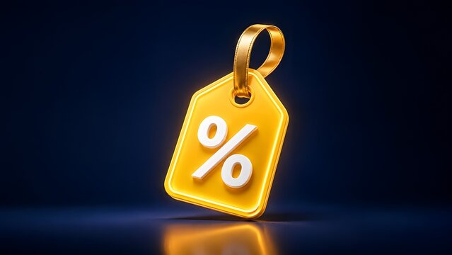A striking 3D render of a glossy yellow price tag with a white percentage symbol, ideal for announcing attractive discounts, sales, and special promotional offers.
