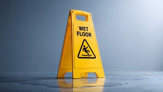 Bright yellow wet floor warning sign standing on a slippery surface with water puddles, emphasizing safety and caution in public areas.