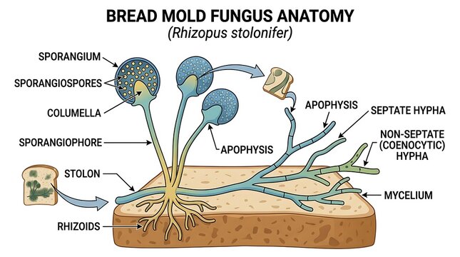 Educational diagram of Rhizopus stolonifer bread mold fungus anatomy and biological structure