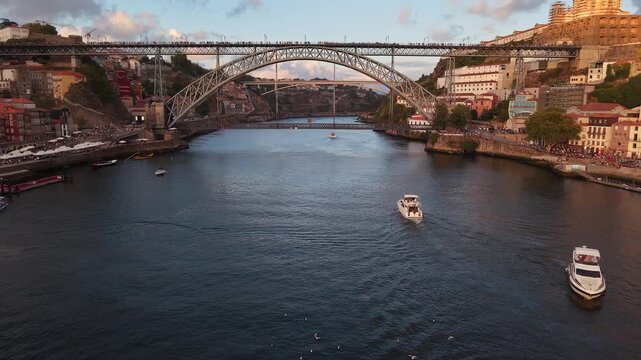 Aerial View of Dom Lu&iacute;s I Bridge and Douro River Porto Portugal