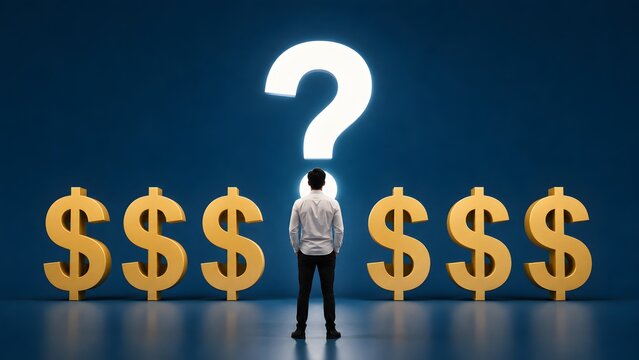 Businessman contemplating crucial financial decisions, standing before a glowing question mark amidst multiple golden dollar signs, symbolizing economic uncertainty.