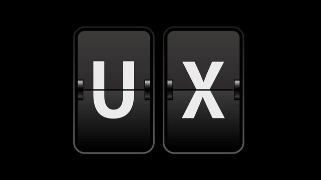 Flip text animation of a board showing the word ux with transparent background video & looping alpha channel.