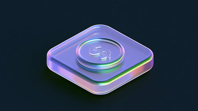 Abstract glassy icon with dollar coin element on dark background, representing financial transactions and digital currency concepts in a modern 3D render