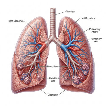 Anatomical illustration of human lungs and respiratory system, showing bronchi and alveoli.