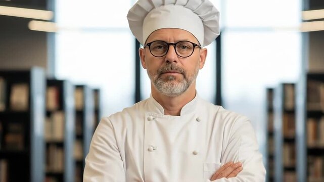 A mature professional chef standing confidently with arms crossed in library
