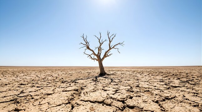 Solitary dead tree standing in a cracked dry desert landscape under a blue sky