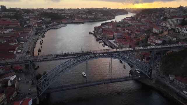 Aerial View of Dom Lu&iacute;s I Bridge and Douro River Porto Portugal