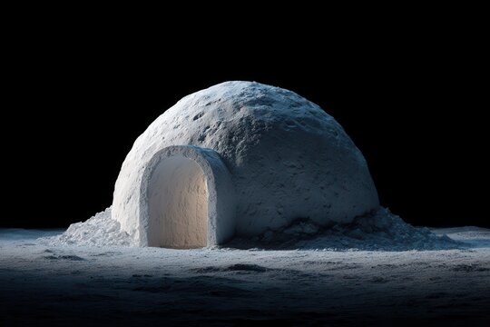 Snow igloo dwelling with warm light emanating from entrance against a dark winter night conceptual