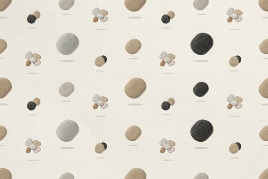 A structured grid pattern of small and large smooth river stones in various natural earth tones floating on a light beige textured background