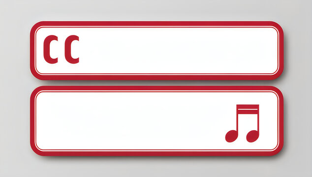 Two red rectangular buttons with caption and music icons illustration