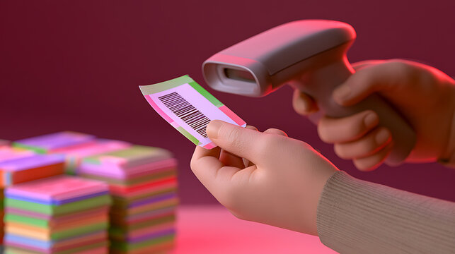 A person's hands scan a colorful barcode with a modern scanner, with stacks of bright, colorful papers in the blurred background, highlighting commerce and retail technology