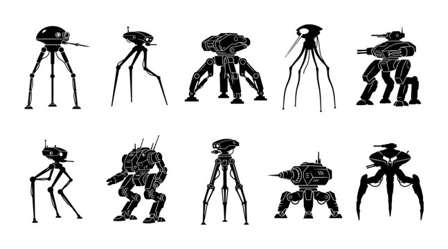 Sci-Fi Robot Silhouette Pack Set of Futuristic Combat Mechs and Alien Walkers