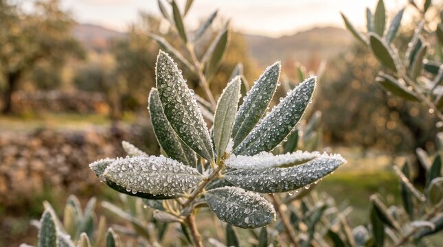Macro of olive leaves covered in frost and water droplets in winter sunlight