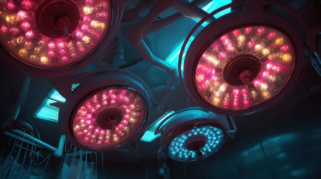 Surgical operating room lights with colorful LEDs illuminating a sterile environment for medical procedures