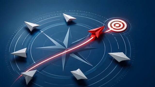 Navigating the business landscape, a red paper airplane points directly to success, symbolizing strategic direction and achieving corporate objectives.