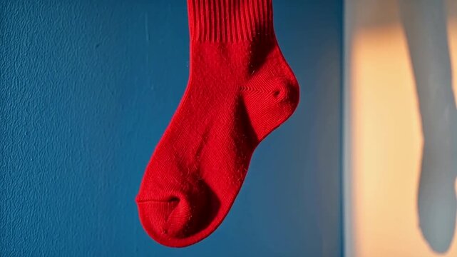 Scarlet wool felt sock swaying gently against a cobalt wall, illuminated by warm light, showcasing texture and color in a visually striking indoor setting